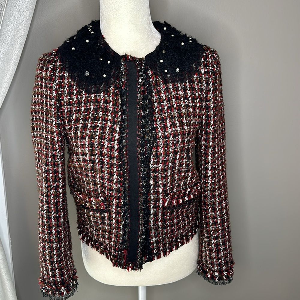 ZARA BLACK RED PLAID TWEED BEADED JACKET size small - Picture 10 of 13
